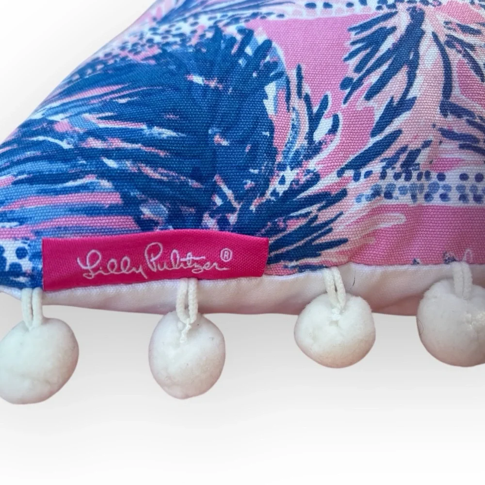 Lilly Pulitzer Two Sided Gold Blue Palm Trees Pom Poms Decorative Lumbar Pillow